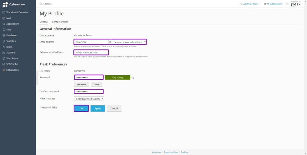 Plesk my profiles screen with fields highlighted