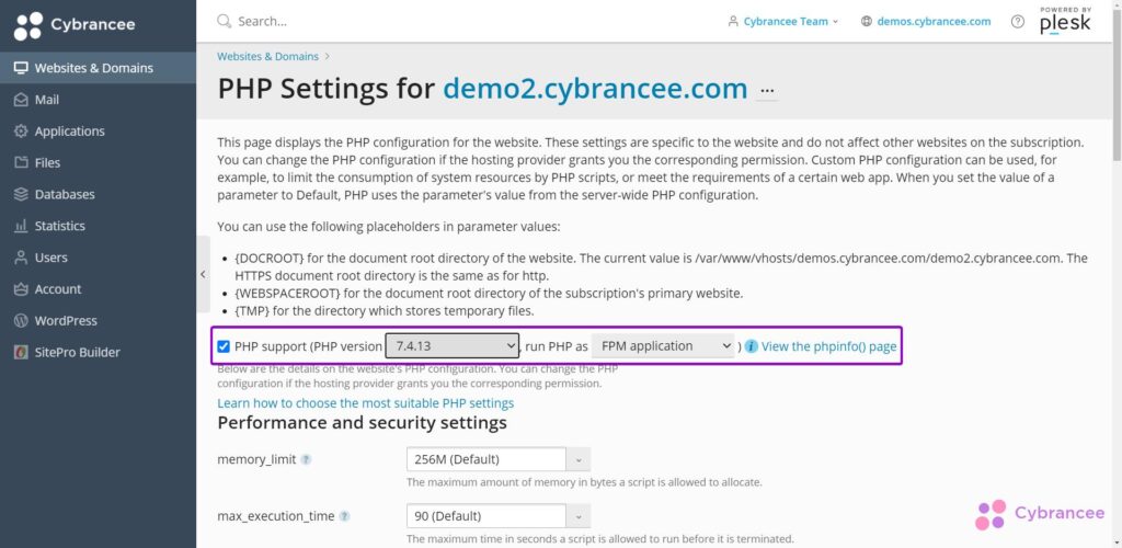Plesk PHP settings page