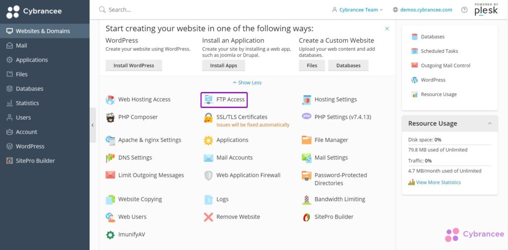 Plesk panel FTP access button highlighted