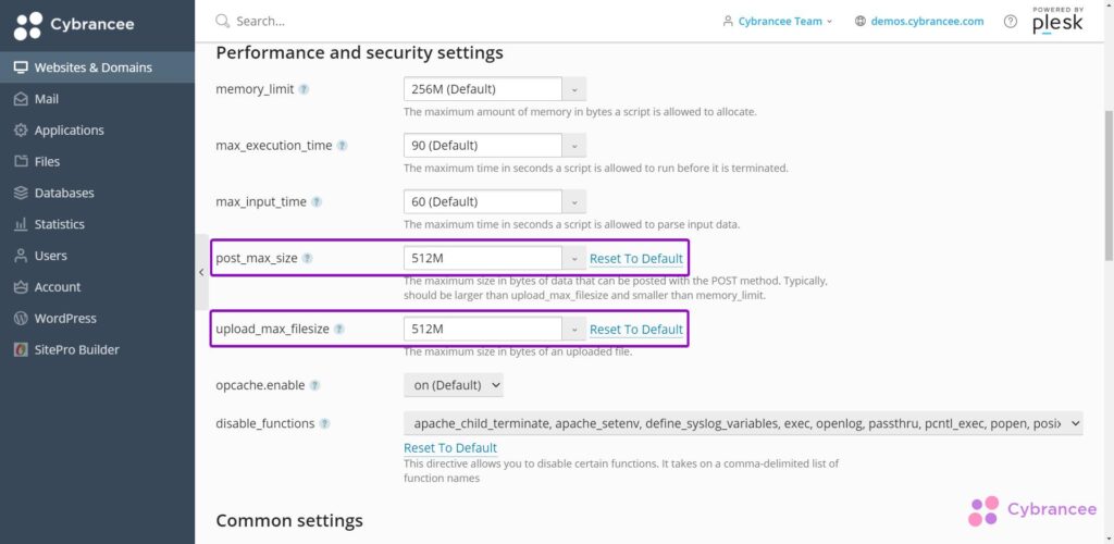 Plesk performance and security settings