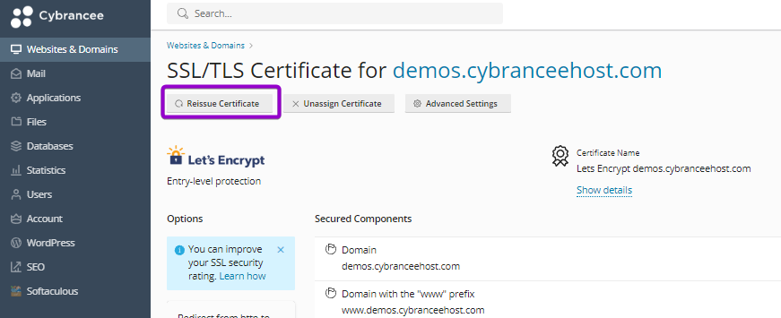 Plesk SSL certificate, with reissue certificate button highlighted