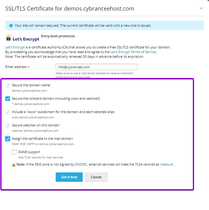 Plesk SSL certificate options