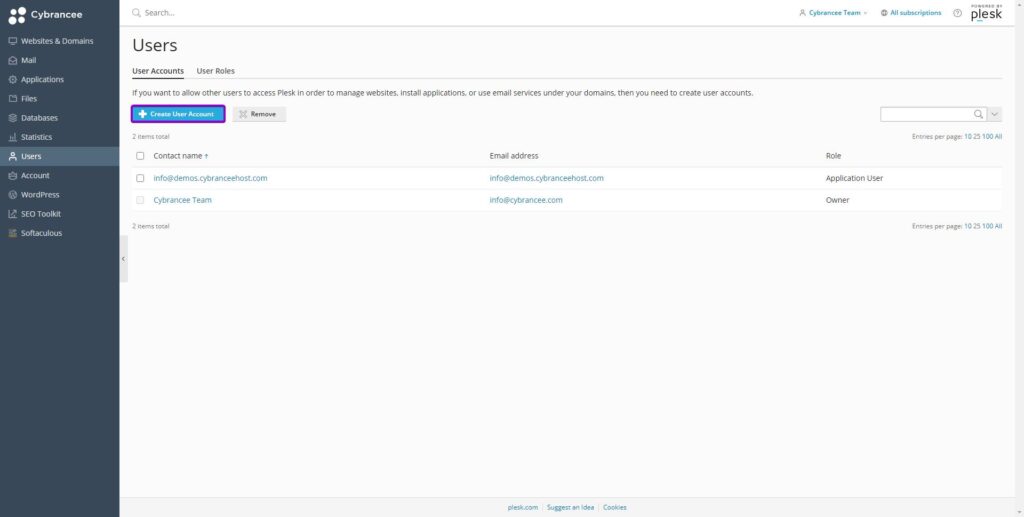 Plesk users screen with create user account button highlighted