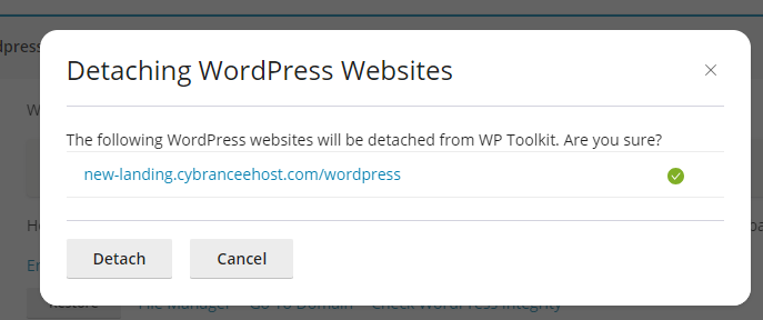 Plesk WP Toolkit detach instance modal