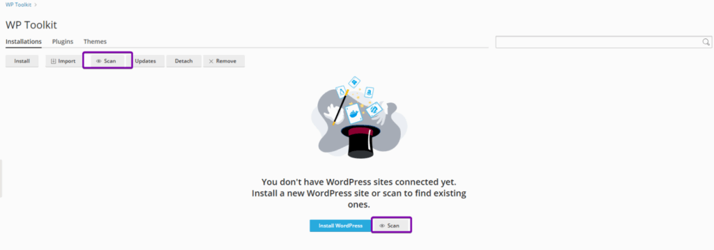 Plesk WP Toolkit with scan website button highlighted