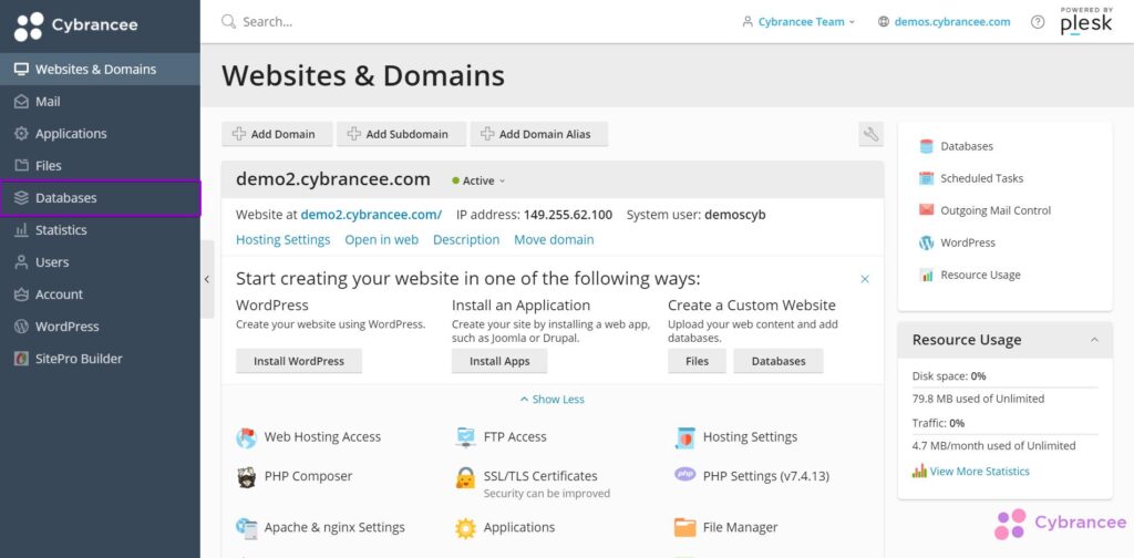 Plesk websites and domains screen, with databases option highlighted