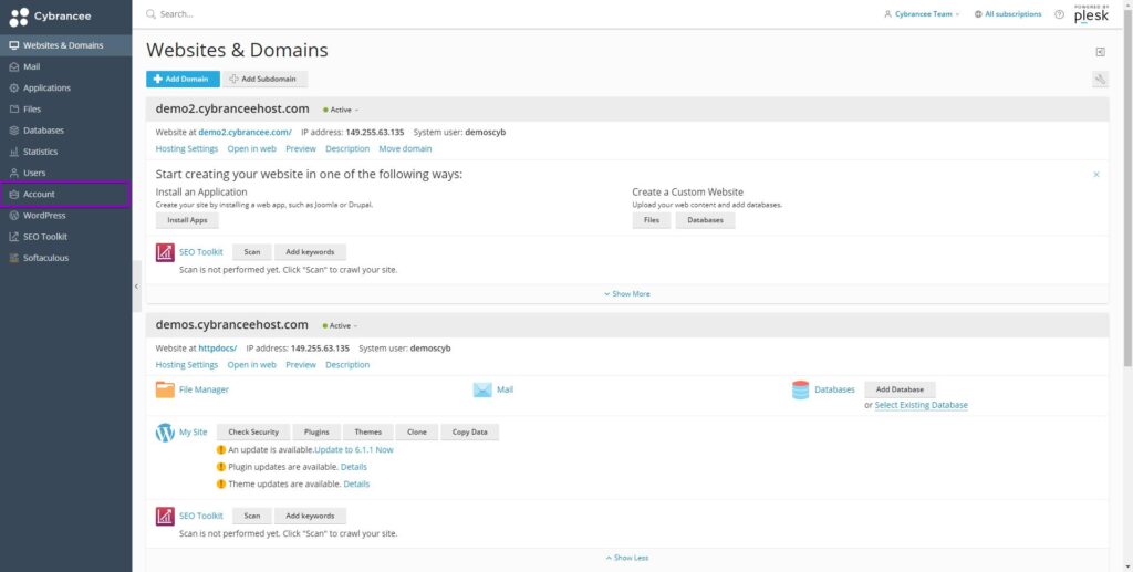 Plesk panel websites and domains with account tab highlighted