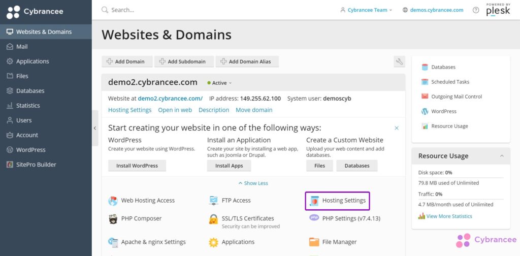 Plesk websites and domains screen with hosting settings highlighted