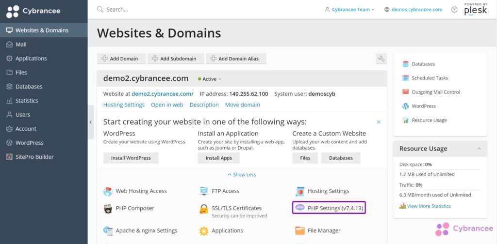 Plesk websites and domains with PHP settings highlighted