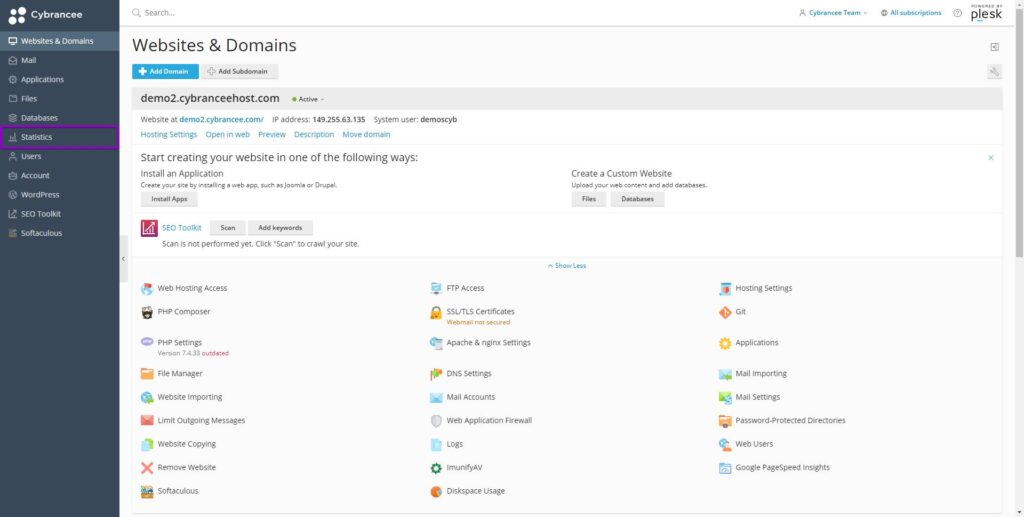 Plesk websites and domains with statistics tab highlighted