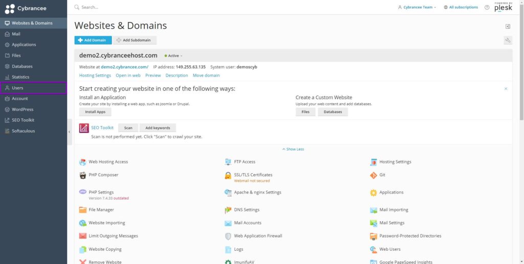 Plesk websites and domains with users tab highlighted