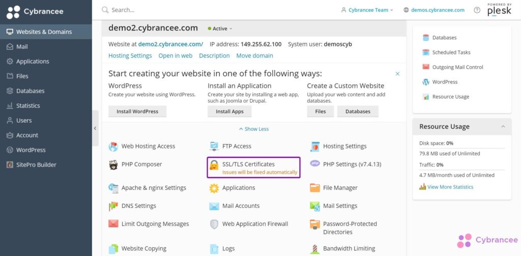 Plesk websites and domains with SSL/TLS Certificates highlighted