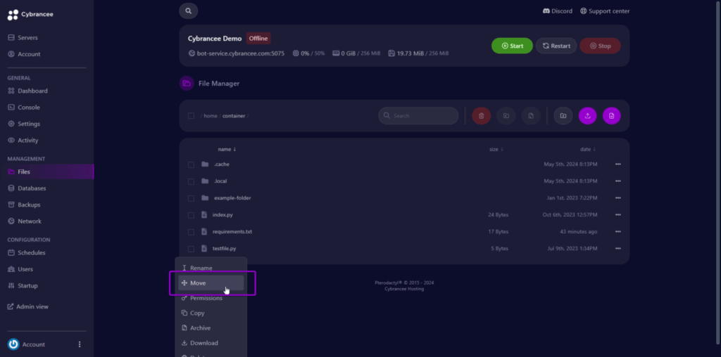 Pterodactyl files screen, with dropdown on file
