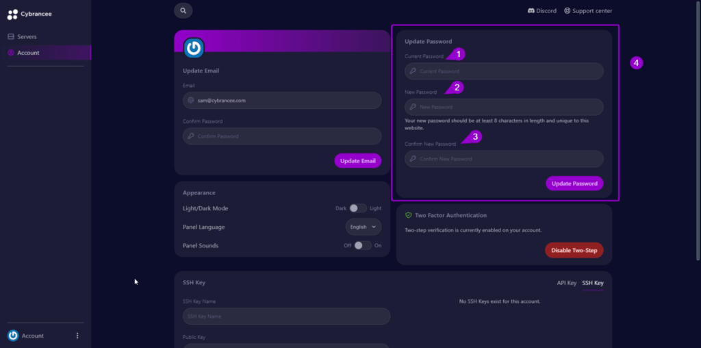 Pterodactyl account screen with password highlighted