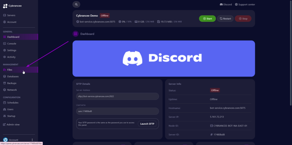 Pterodactyl panel dashboard with files tab highlighted