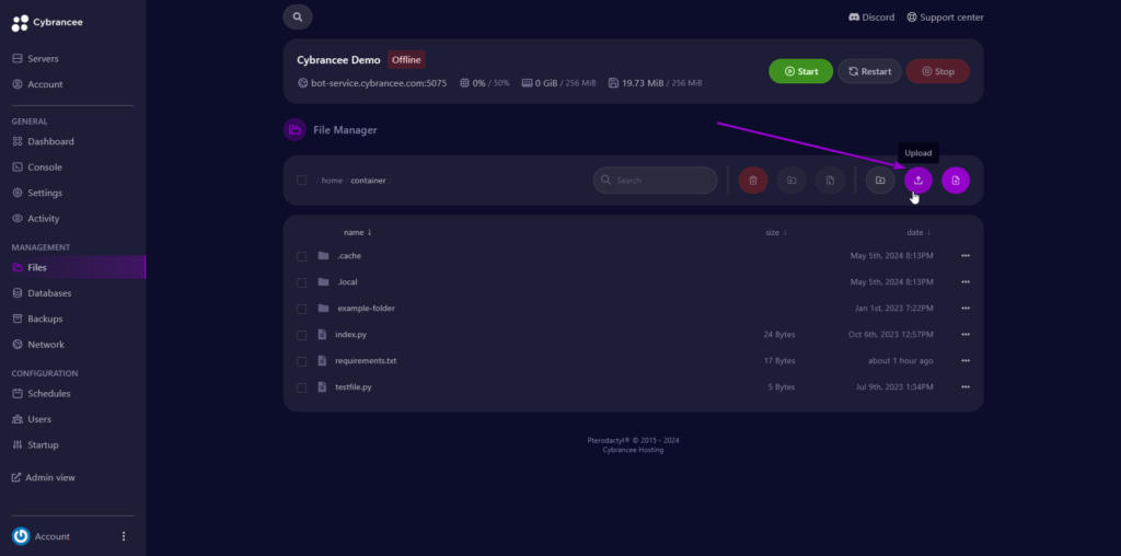 Pterodactyl panel files screen, with upload button highlighted