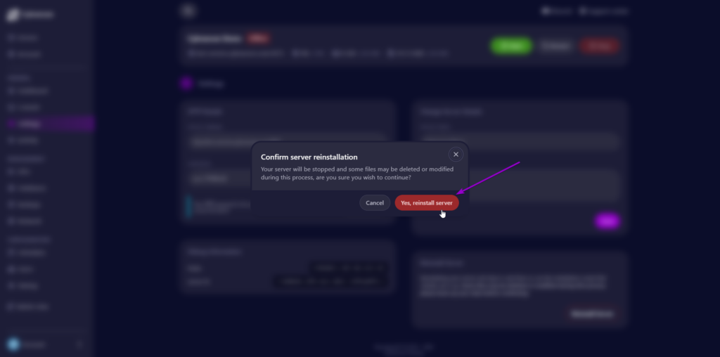 Pterodactyl reinstall server button
