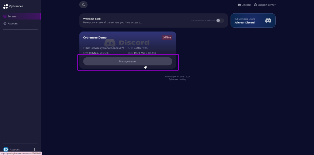 Pterodactyl select server screen