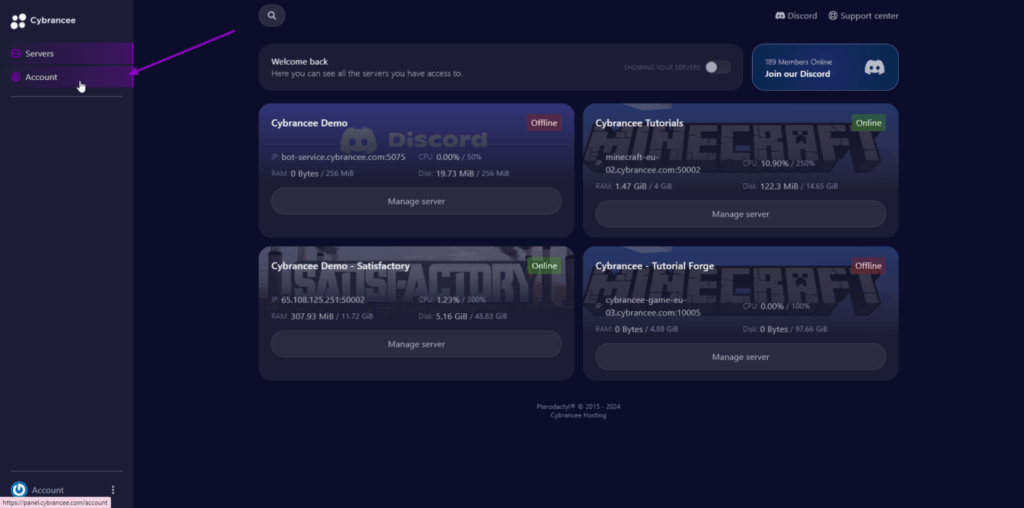 Pterodactyl servers tab with account highlighted