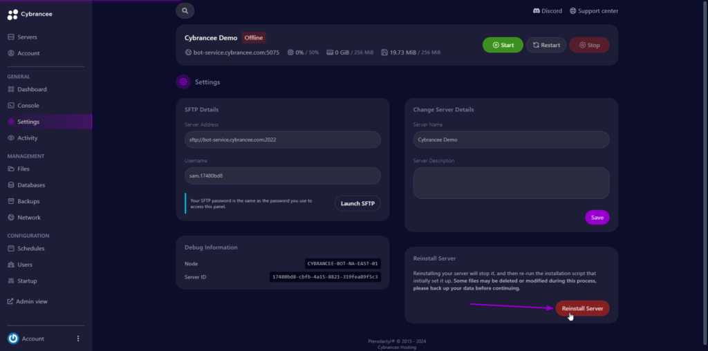 Pterodactyl settings page with reinstall button highlighted