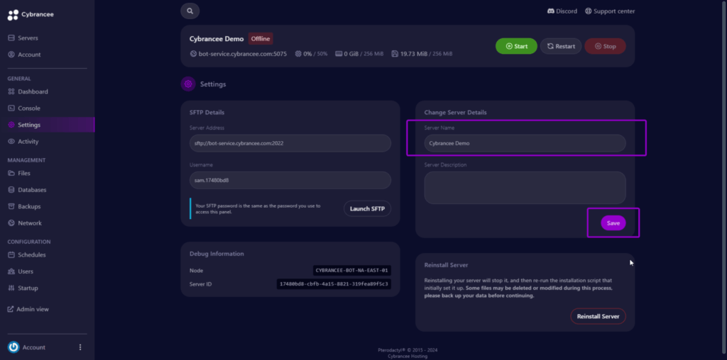 Pterodactyl settings page with server details highlighted