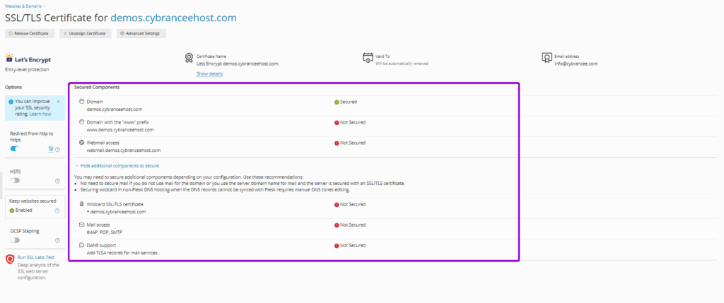 Plesk SSL information