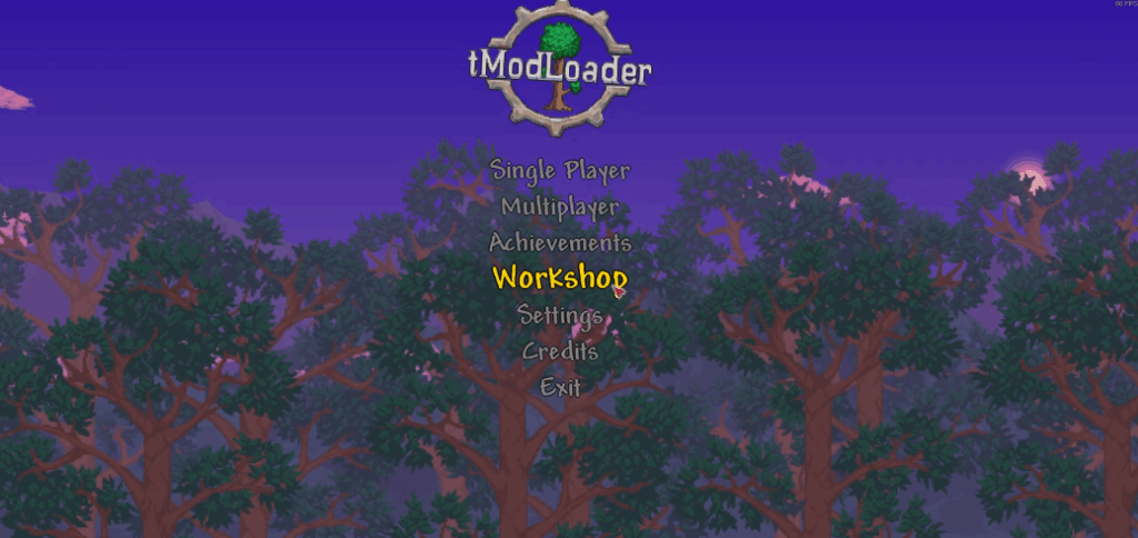 Terraria tModLoader screen with Workshop option highlighted