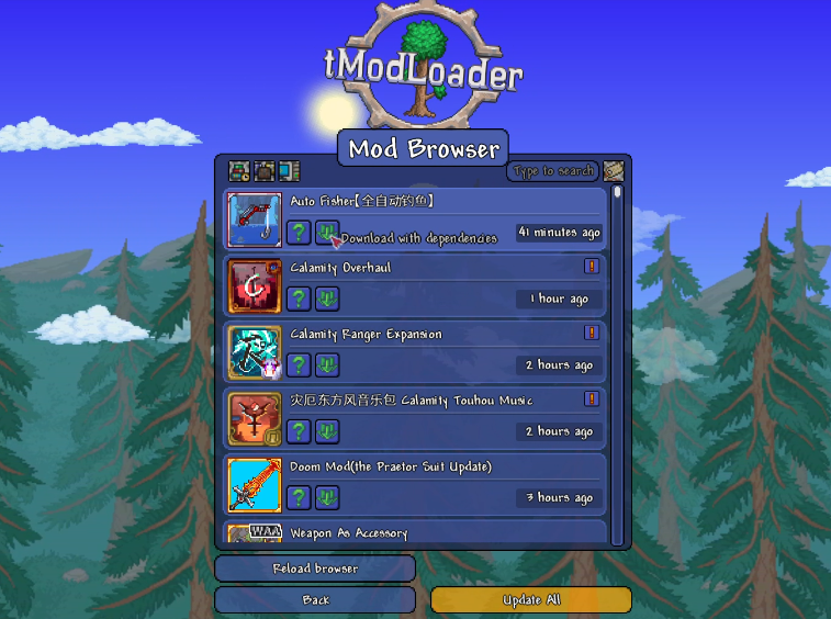 Terraria tModLoader mod browser screen