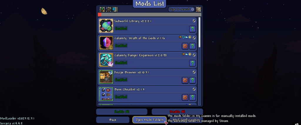 Terraria tModLoader mods list screen