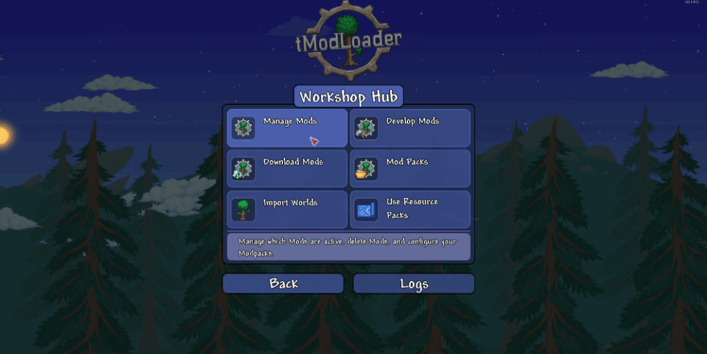 Terraria tModLoader workshop hub with Manage Mods highlighted
