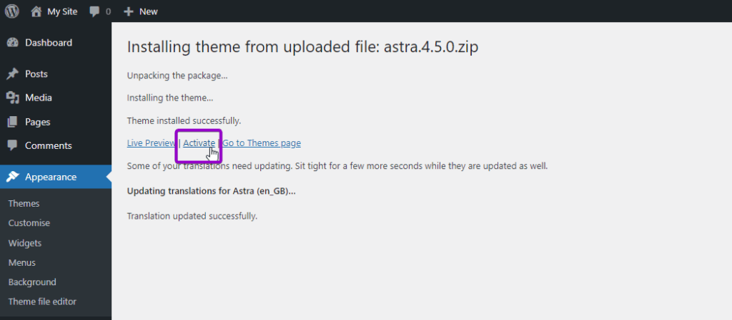 WordPress activate theme screen, with activate button highlighted