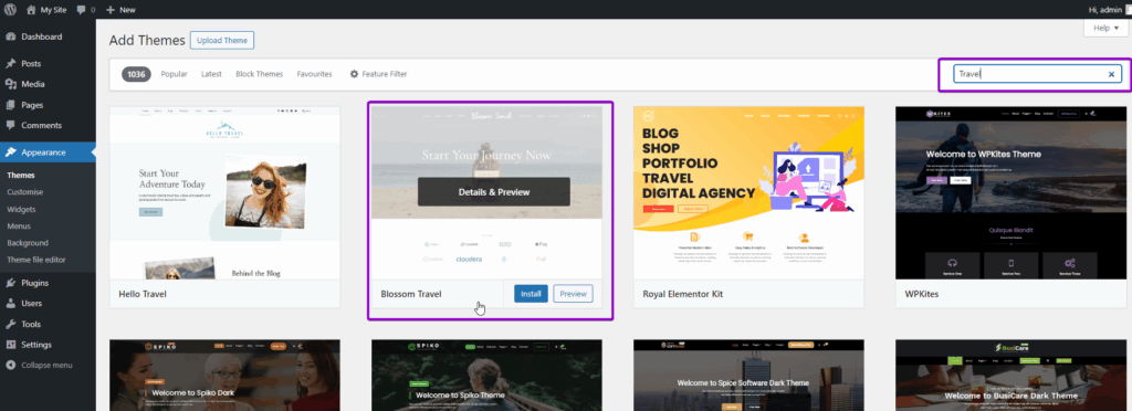 WordPress appearance screen, with themes highlighted
