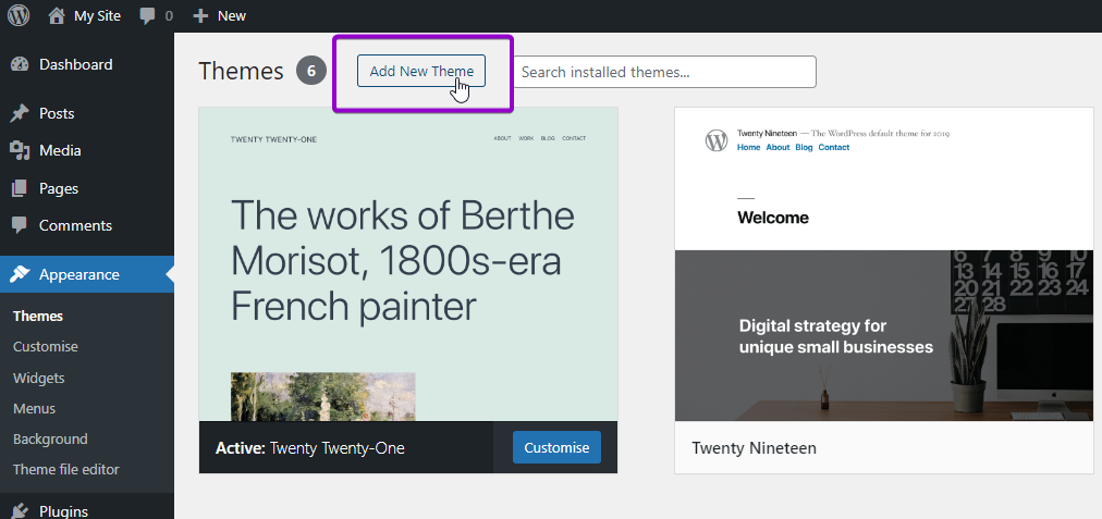 WordPress appearance tab, with add new theme button highlighted