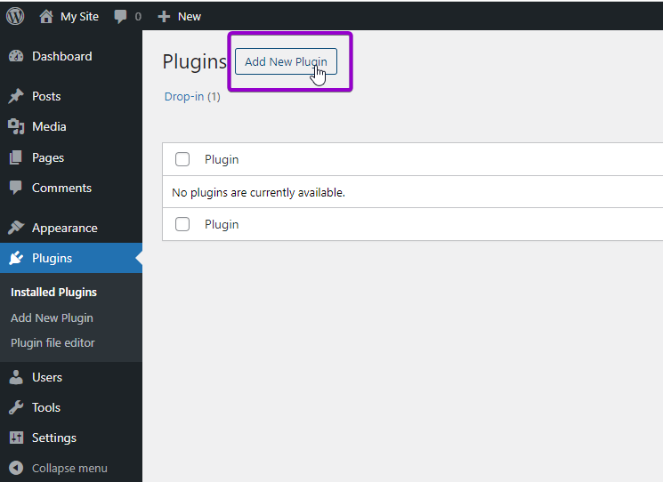 WordPress plugins screen with add new plugin button highlighted