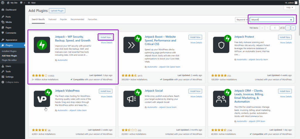 WordPress plugins search screen