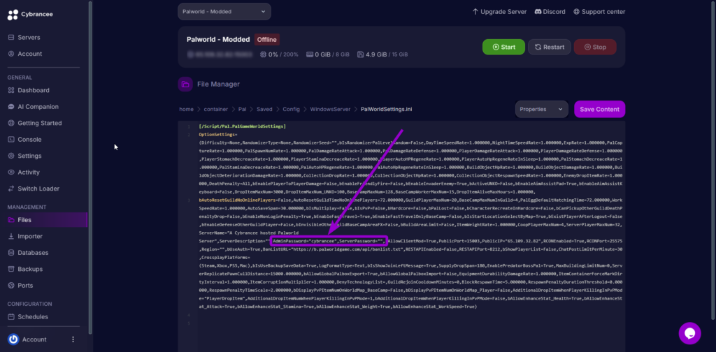 'ServerPassword' and 'AdminPassword' outlined with arrow