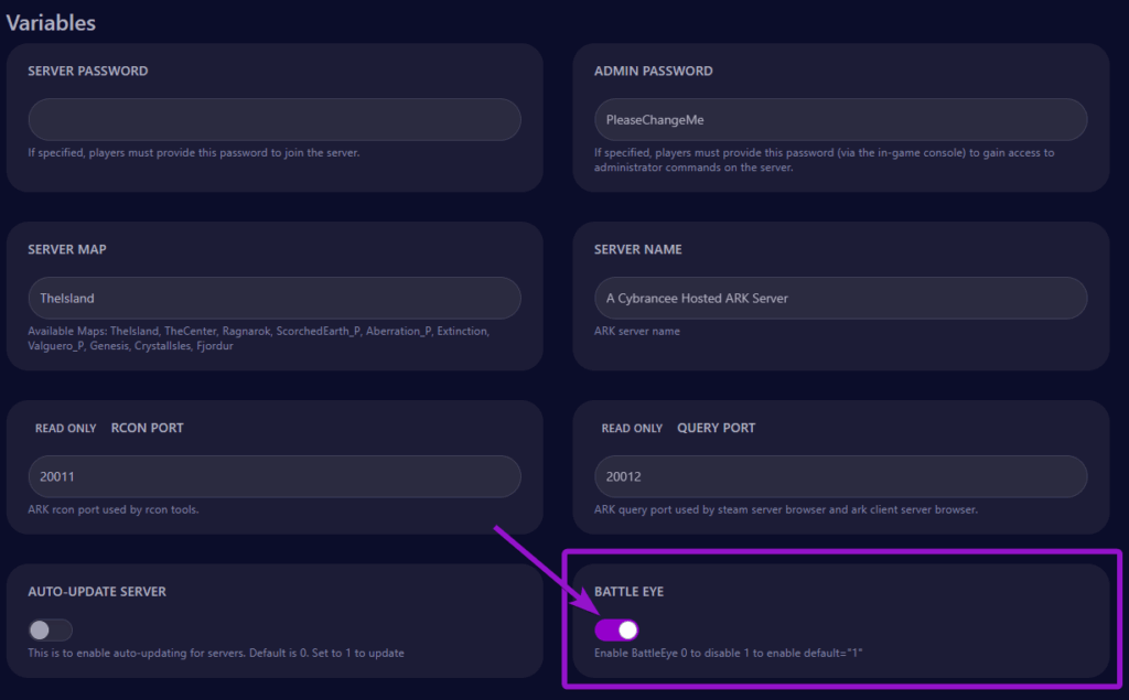 The startup tab for the Cybrancee control panel