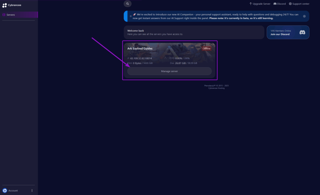Cybrancee panel Ark: Survival Evolved manage server.