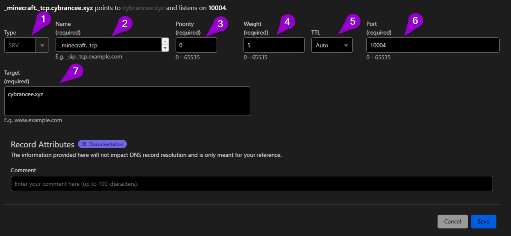 Cloudflare SRV record options