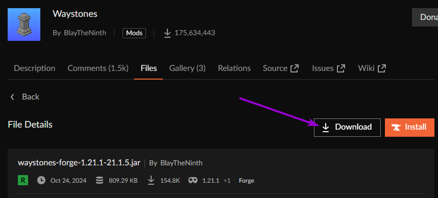 CurseForge Waystones page, files tab, with download button outlined