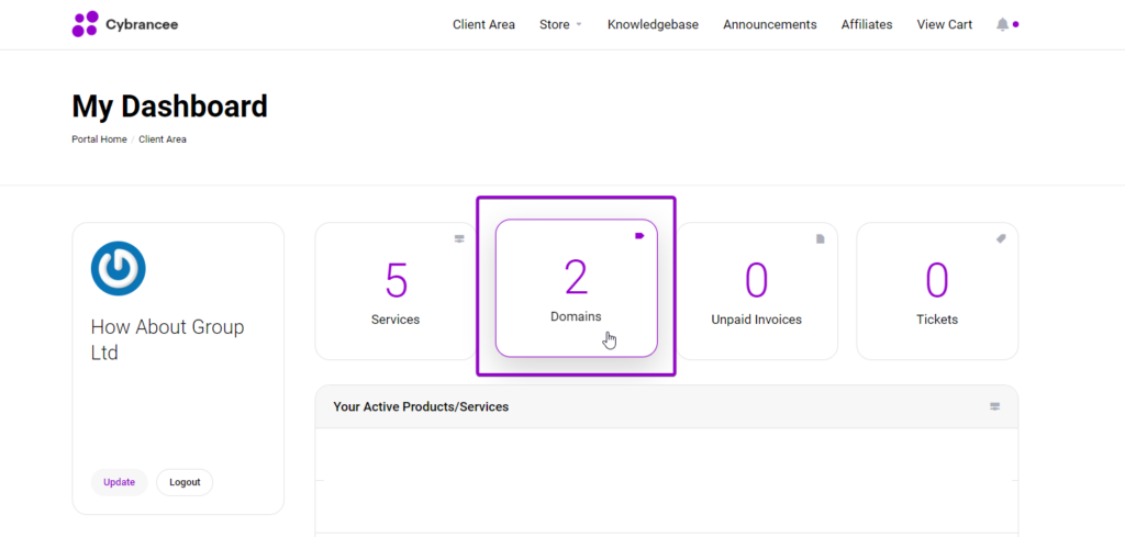 Cybrancee client area dashboard with domains block outlined