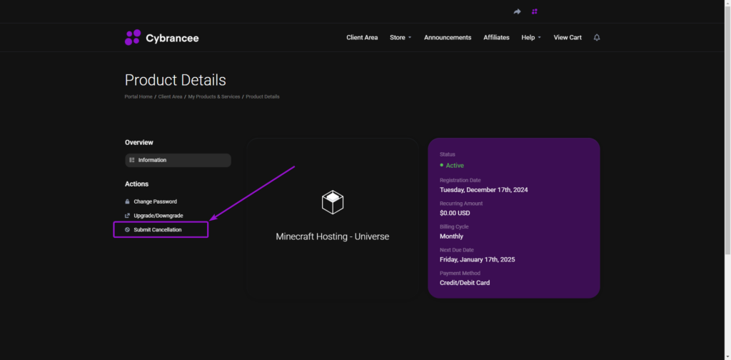 Cybrancee client area product details page, with submit cancellation option outlined
