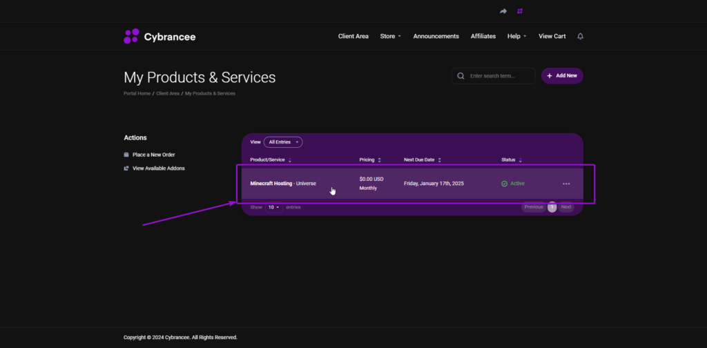 Cybrancee client area services page