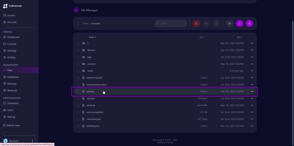 Cybrancee files screen with Eula file outlined
