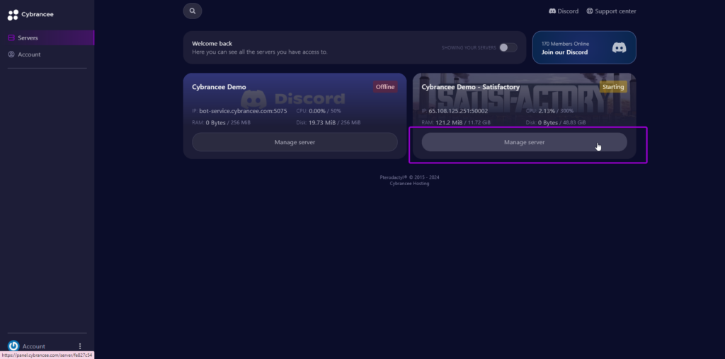 Cybrancee manage server satisfactory