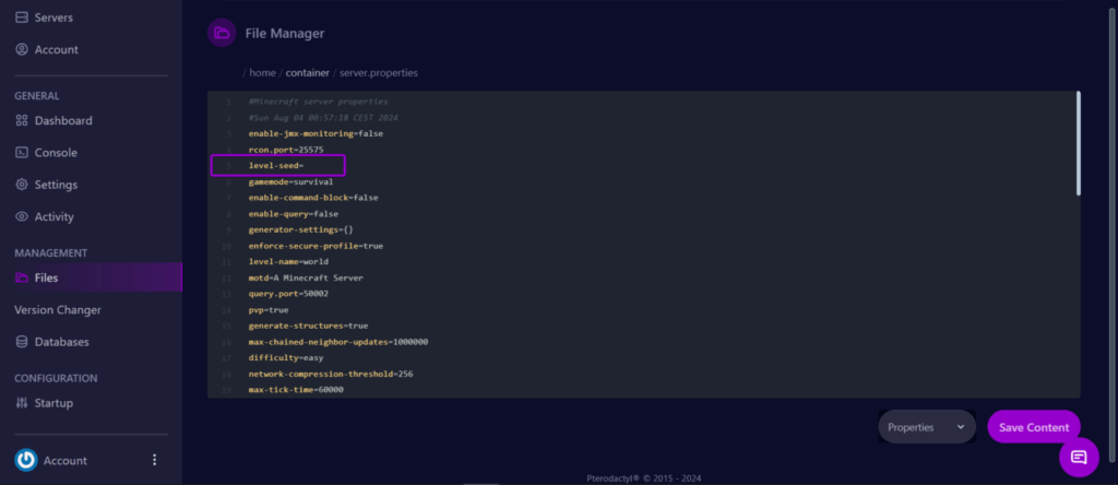 Cybrancee Minecraft panel server.properties, with level-seed outlined