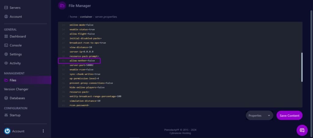 Cybrancee panel Minecraft, files tab with server properties file, allow-nether value outlined