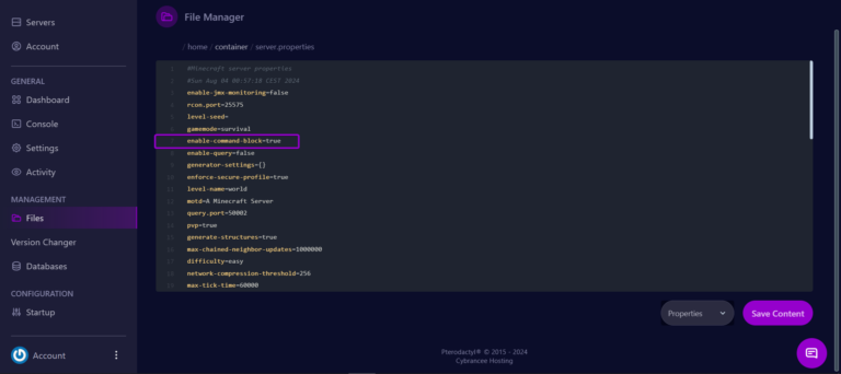 Cybrancee panel Minecraft server.properties file with enable command block outlined