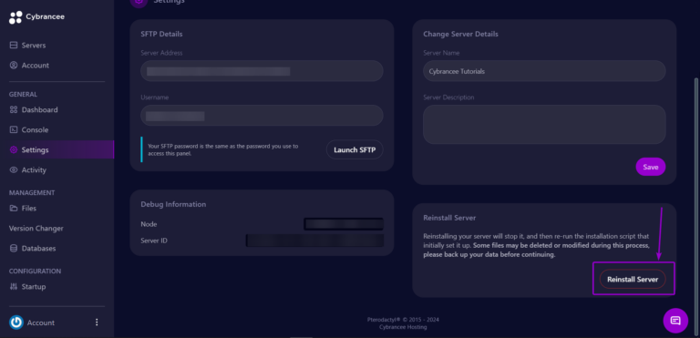 Cybrancee panel Minecraft settings screen, with Reinstall server button highlighted