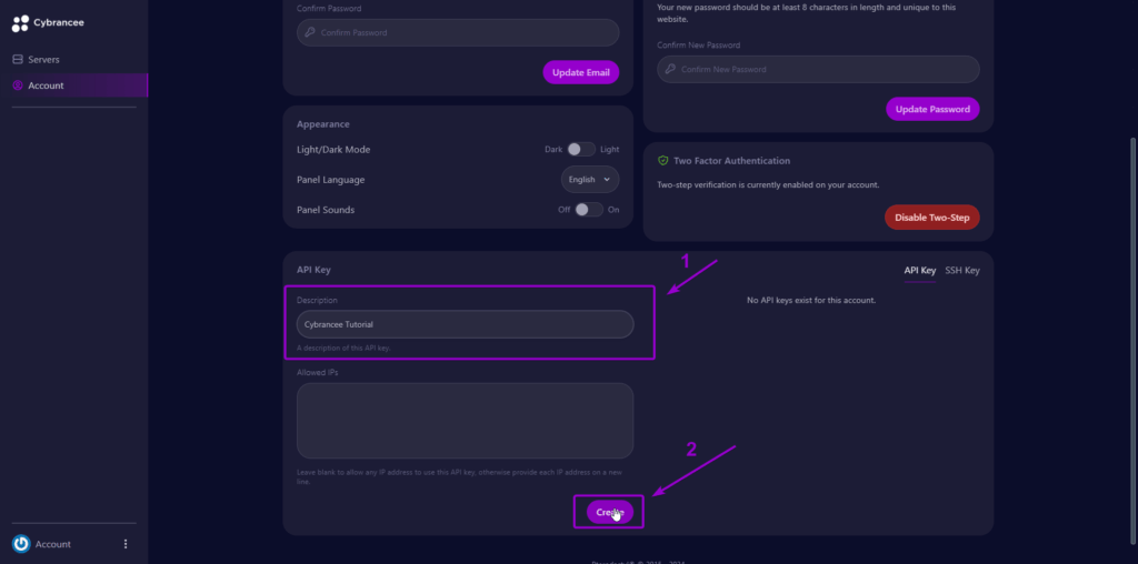 Cybrancee panel account screen, with create button outlined